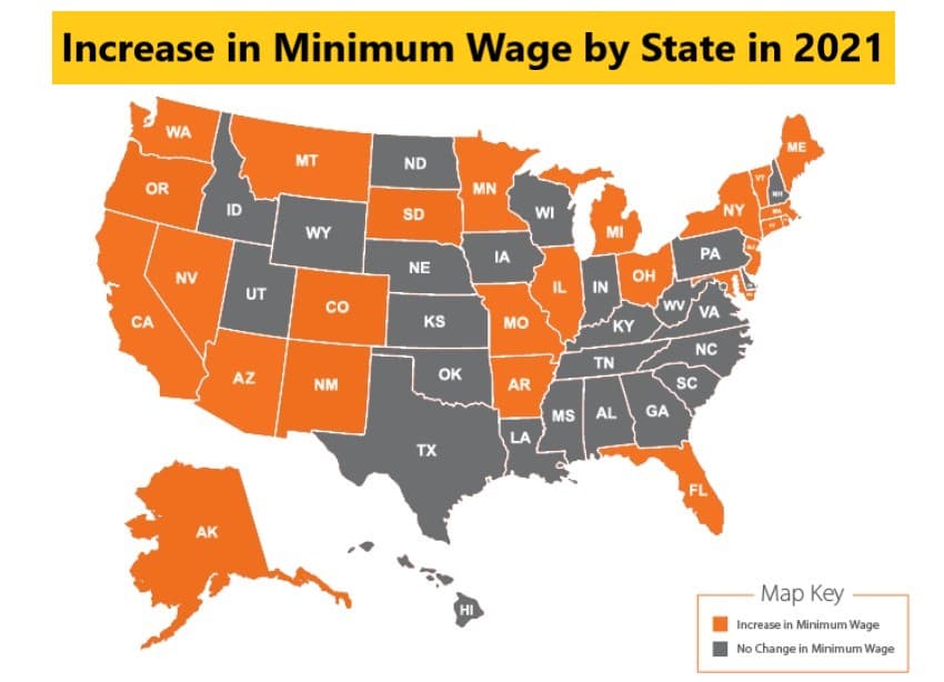 Increase in Minimum Wage by State in 2021